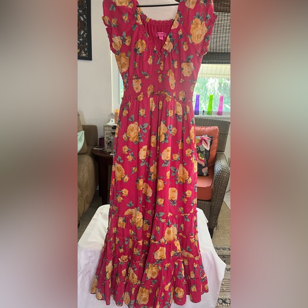 Betsey Johnson pink and yellow floral maxi dress size M